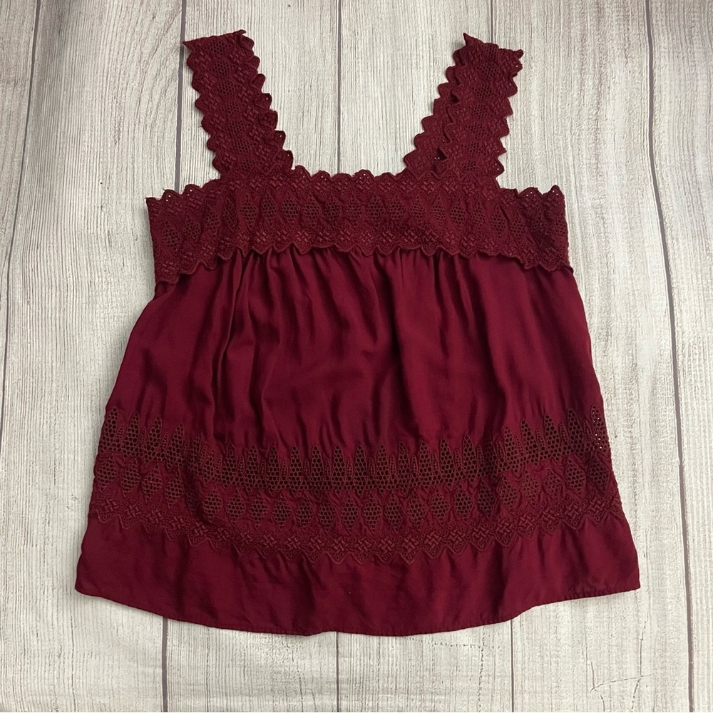 OLD NAVY Women's Burgundy Eyelet Crochet Boho Embroidery Lace Trim Top Sz Med